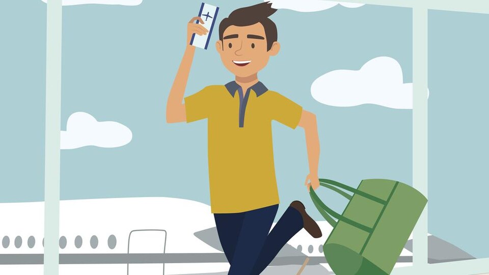 Un dessin montre un homme avec un billet d'avion dans les mains.