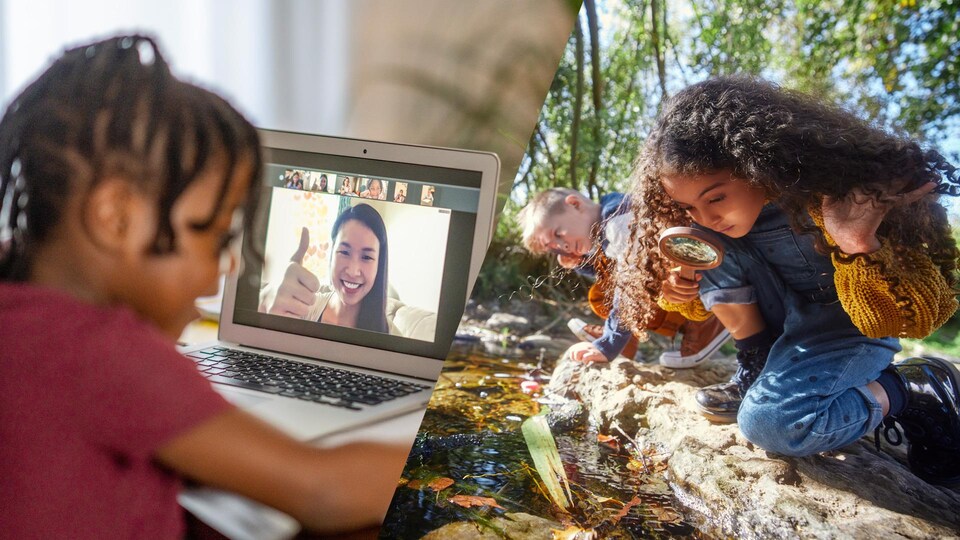 Un enfant interagit avec une personne adulte en vidéoconférence sur un écran d'ordinateur portable. Dans la moitié droite de la photo, on voit des élèves qui observent un ruisseau.