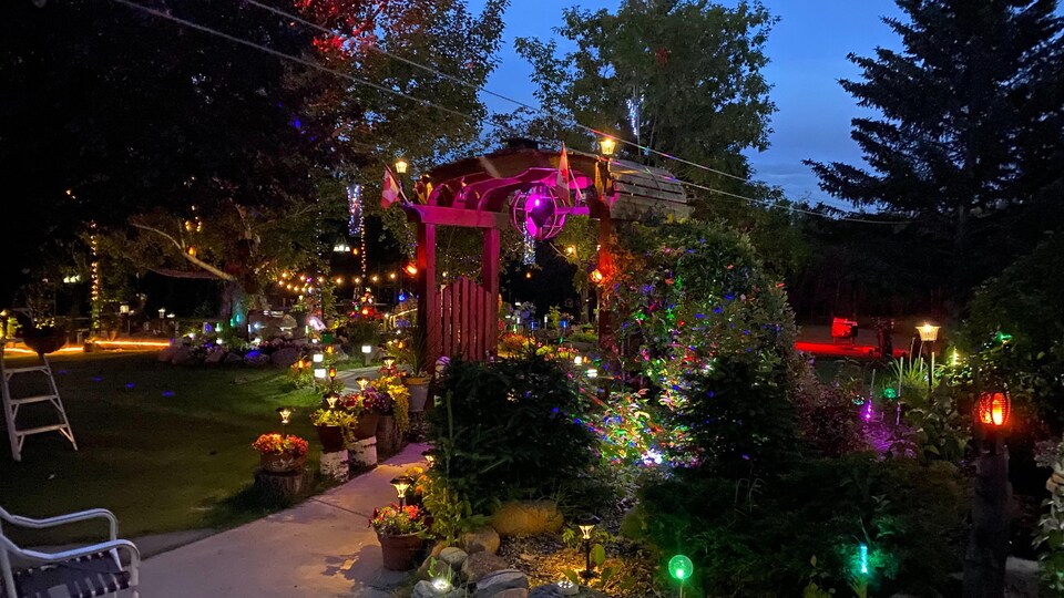 Un jardin illuminé, le soir.