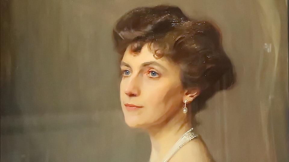 Huile sur toile représentant le portrait de Elsie Reford, exposé à la Villa Estevan, Grand-Métis