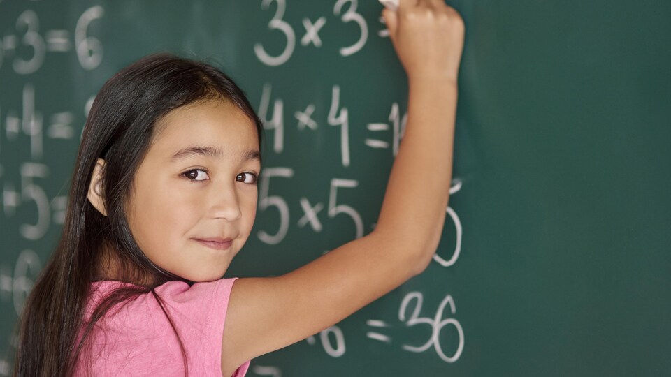 Une fille fait des calculs mathématiques à la craie blanche sur un tableau de classe vert.