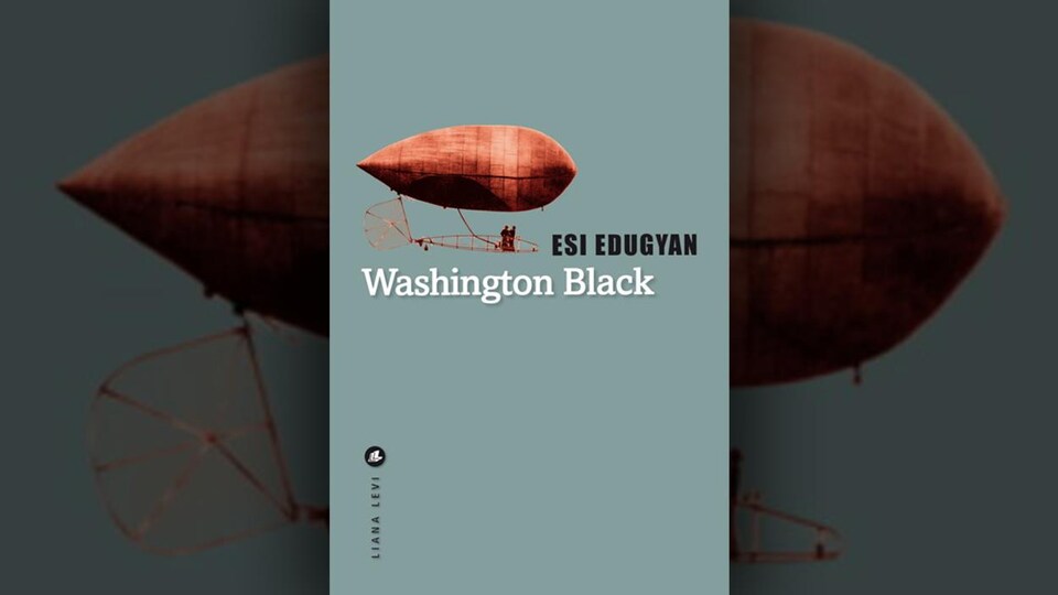 Sur la couverture du livre, outre le titre, le nom de l'autrice et de la maison d'édition, il y a une photo d'un dirigeable avec deux silhouettes de personnes. 