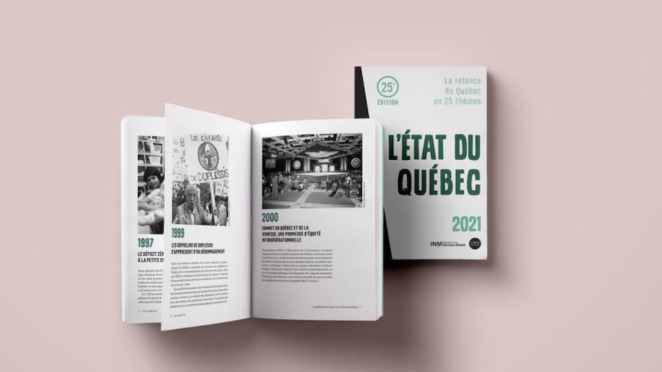 Couverture et ouvrage "L'état du Québec 2021" ouvert. 