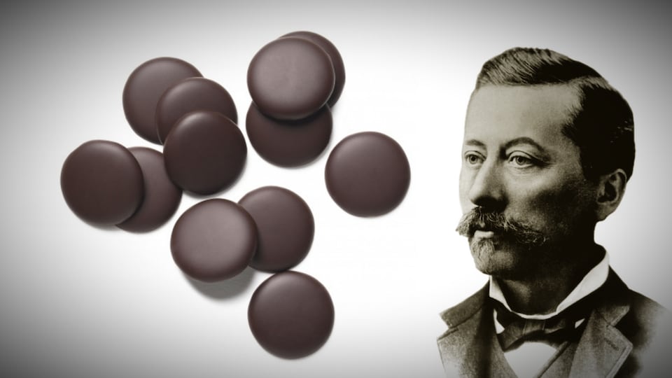 Montage d'image : des pastilles de chocolat et portrait d'Étienne Guittard.