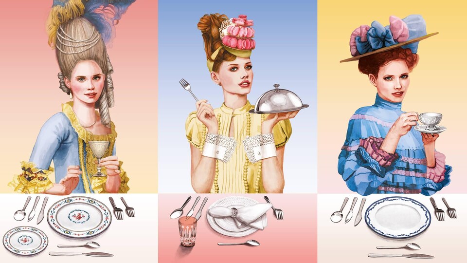 Illustration montrant trois femmes de différentes époques devant des couverts posés sur une table.