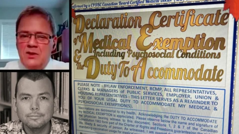 Le certificat montre en grosse lettres dorées une déclaration d'exemption de vaccination.