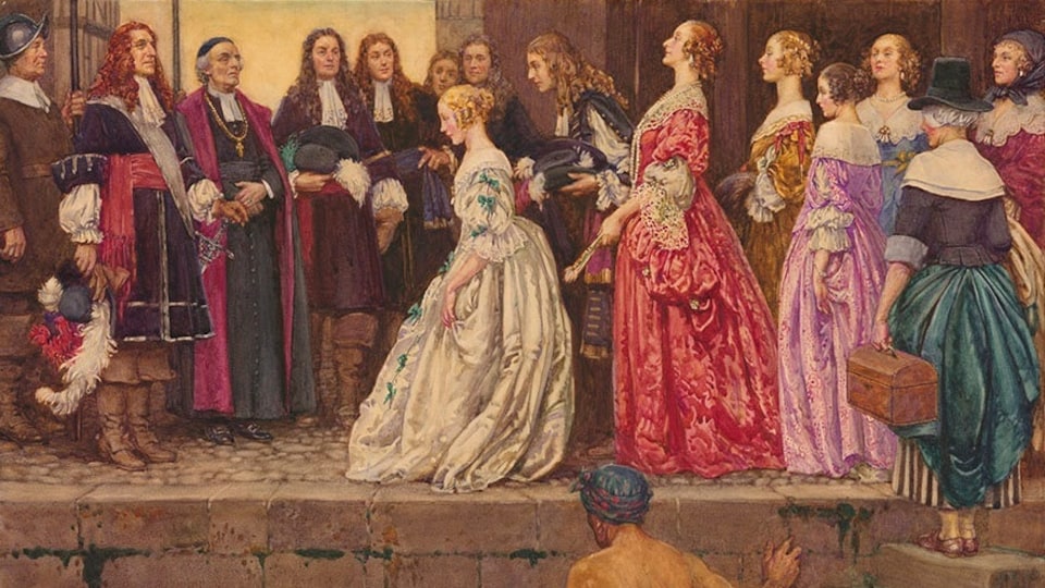 Tableau montrant des femmes du 17e siècle faisant la révérence devant des hommes.