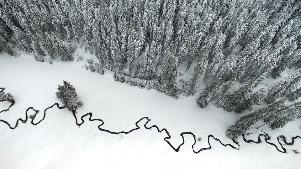 Vue aérienne d'un ruisseau noir sur fond de neige