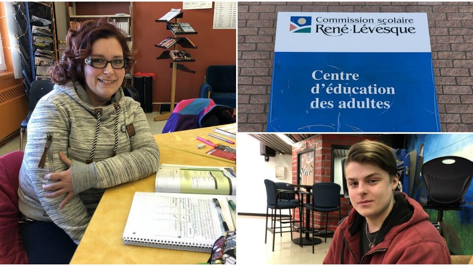 Photo montage où l'on voit deux élèves et une affiche "Centre d'éducations des adultes"
