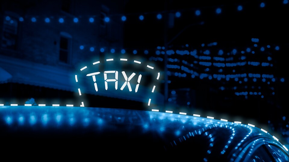 Montage photo montrant le toit d'une voiture avec une illustration pointillée d'un logo de taxi. 