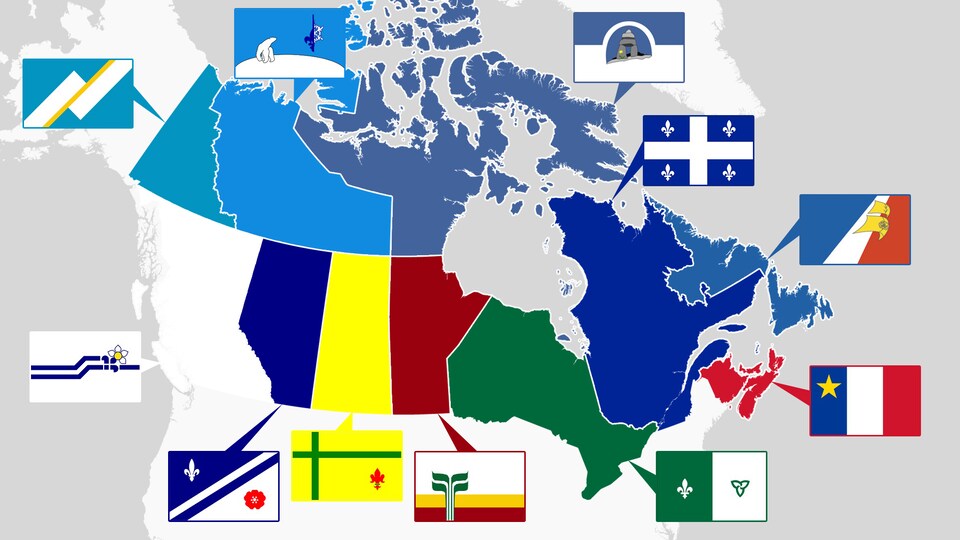 Carte du Canada avec les drapeaux des différentes communautés francophones du pays.