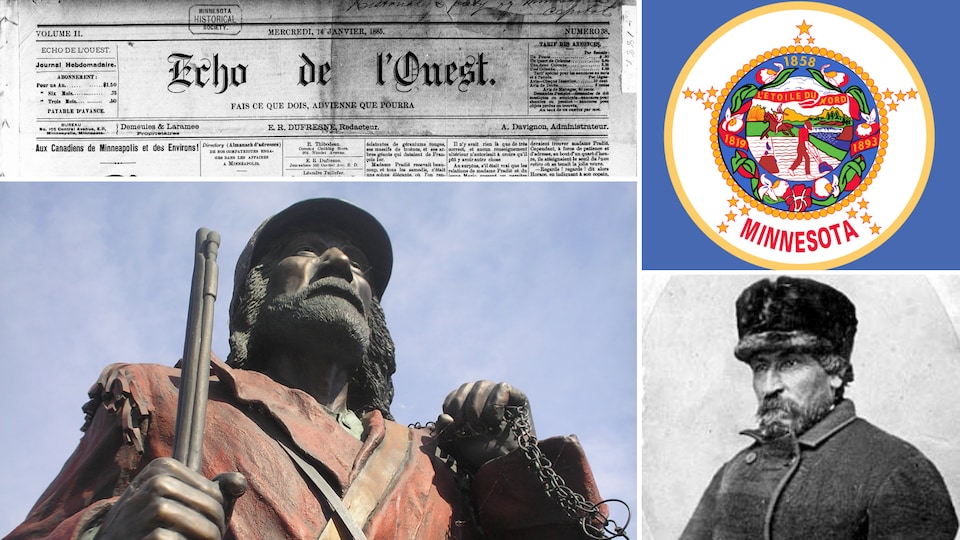 Extrait du journal Échos de l'Ouest, drapeau du Minnesota, monument hommage à Pierre Bottineau (au Dakota du Nord) et image d'archive de Pierre Bottineau.