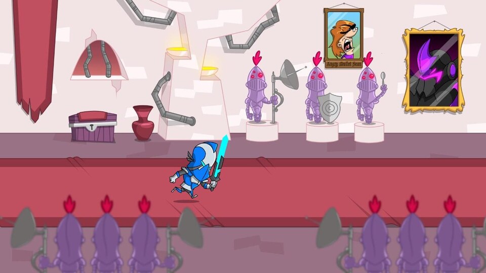 Capture d'écran d'un jeu vidéo où on voit un chevalier muni d'une épée qui court dans le couloir d'un château.