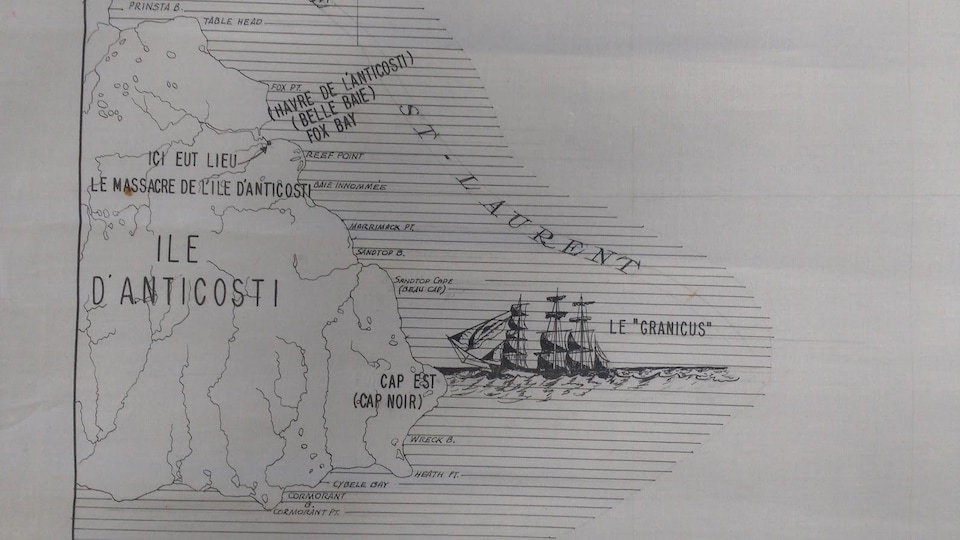 Carte maritime de l'île d'Anticosti où l'on retrouve la bateau nommé «le Granicus» ainsi que Fox Bay, l'endroit où a eu lieu le massacre de l'île d'Anticosti.