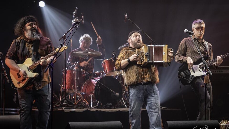 Les quatre musiciens de la formation Hey Wow sur scène.