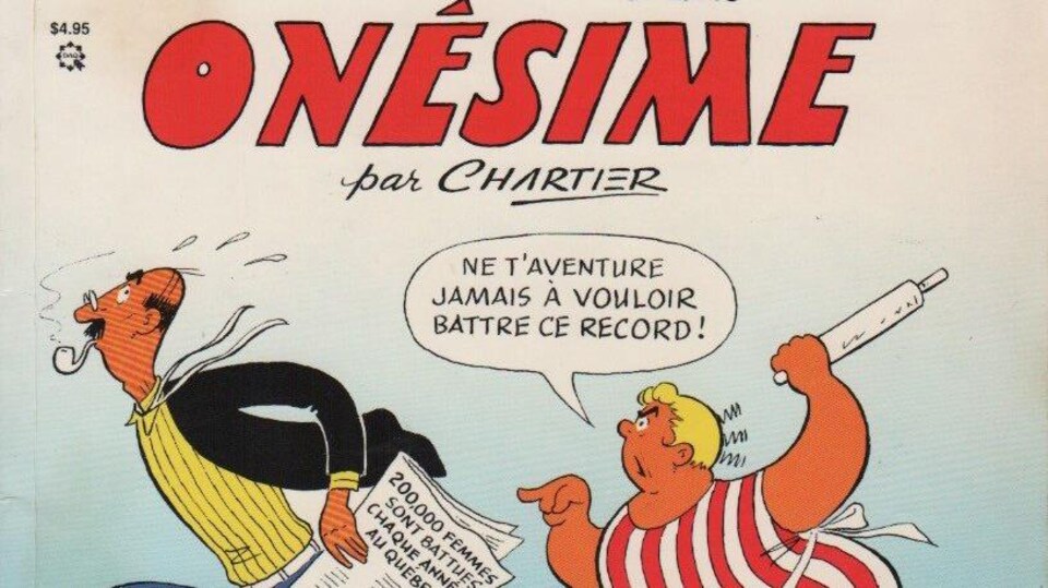 Sur la page couverture d'une bande dessinée, une femme court derrière un homme en brandissant un rouleau à pâte.