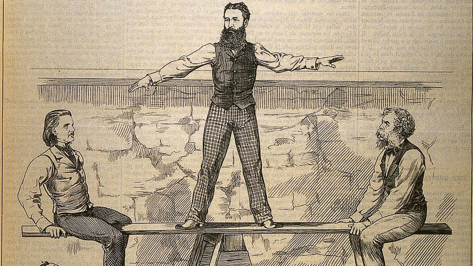 Dans une caricature d'Henri Julien, trois politiciens sont sur une balançoire, et deux autres les regardent.