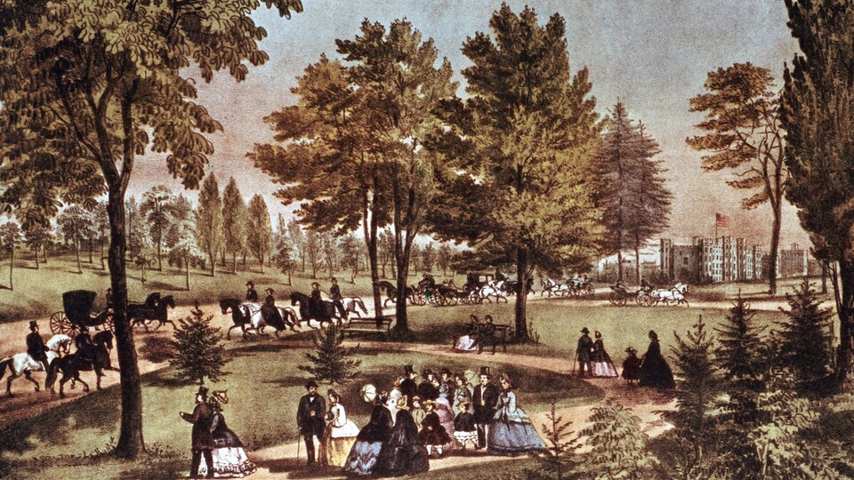 Une illustration de Central Park vers 1875 où l'on voit des citadins, des carrosses et des chevaux.
