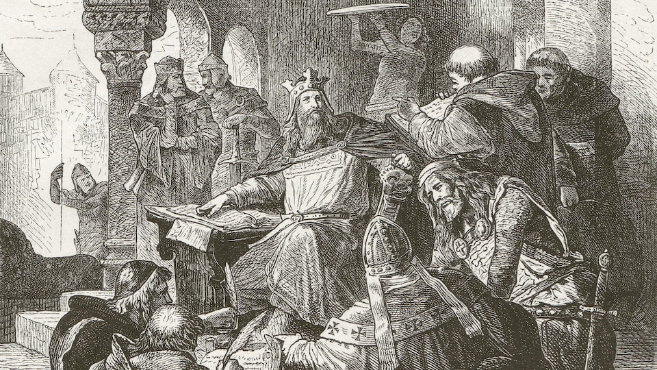 Gravure en noir et blanc représentant Charlemagne entouré de savants et de clercs.
