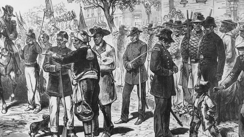 Gravure en noir et blanc dépeignant d'anciens esclaves qui célèbrent la proclamation de l'émancipation, le 1er août 1866.