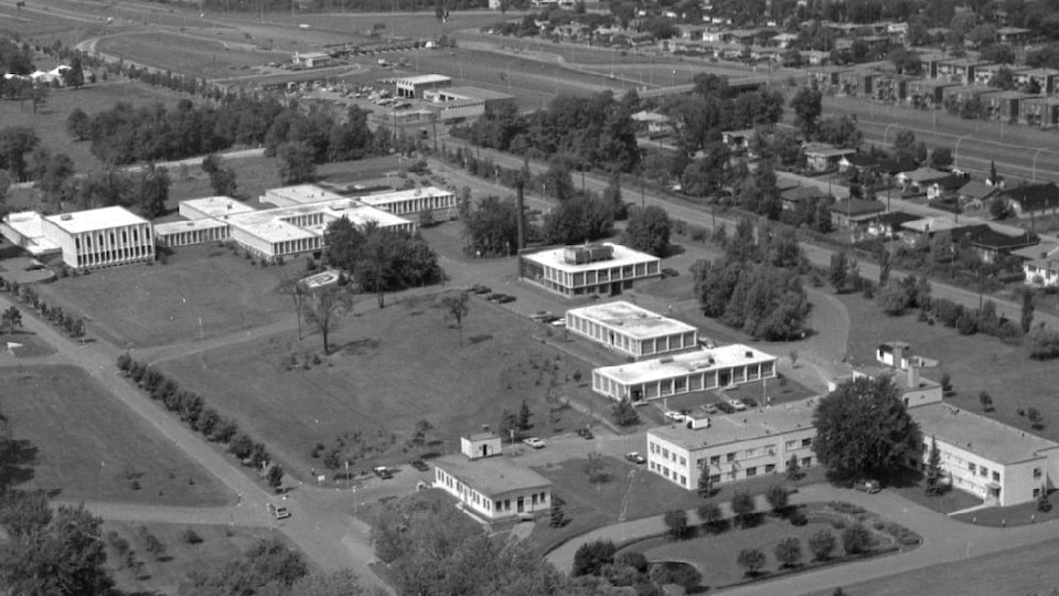 Vue aérienne de l'Institut de microbiologie et d'hygiène, à Laval, vers 1970
