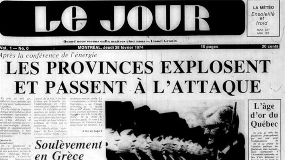 Le journal Le jour du jeudi 28 février 1974 et le titre Les provinces explosent et passent à l'attaque.