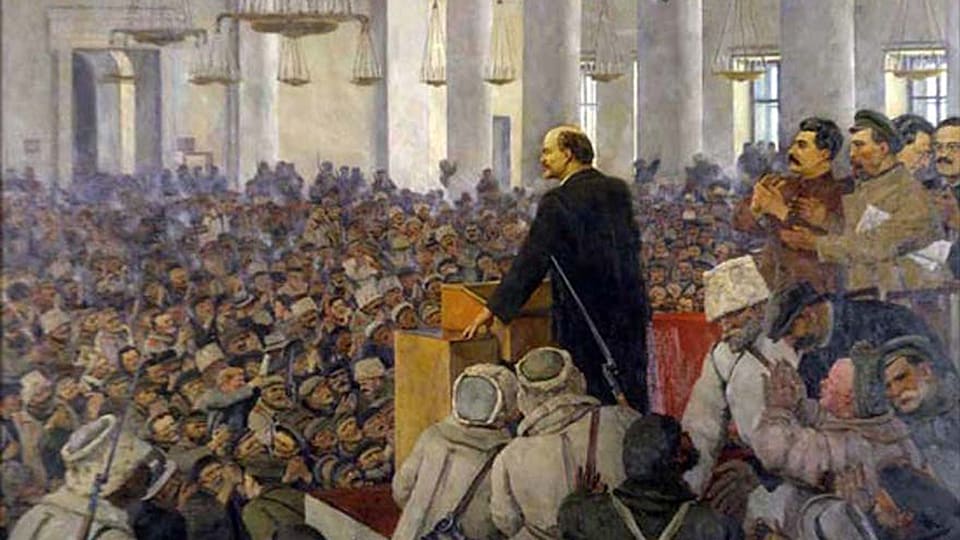 Peinture de 1935 illustrant la première apparition de Lénine lors d'une rencontre des bolcheviks à Pétrograd, le 25 octobre 1917
