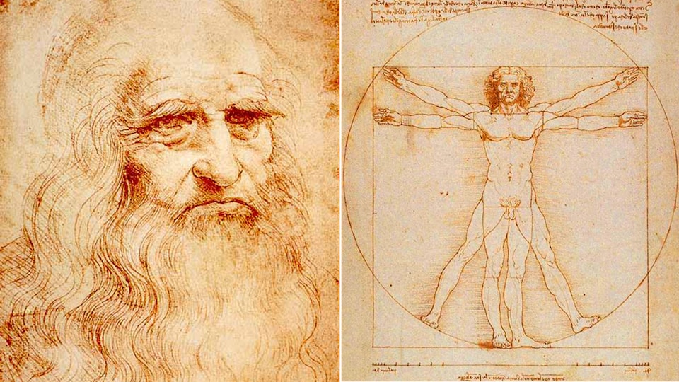 Autoportrait de Léonard de Vinci et un détail d'un dessin réalisé vers 1490 