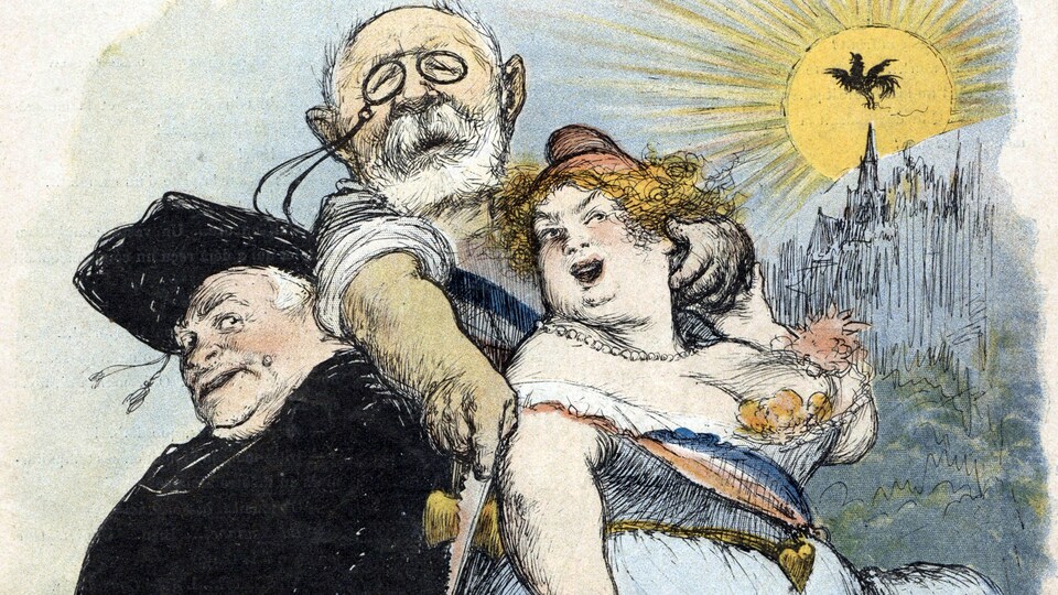 Jean-Baptiste Bienvenu-Martin, ministre de l'Instruction publique sépare avec une scie des personnages représentant l'Église et l'État.