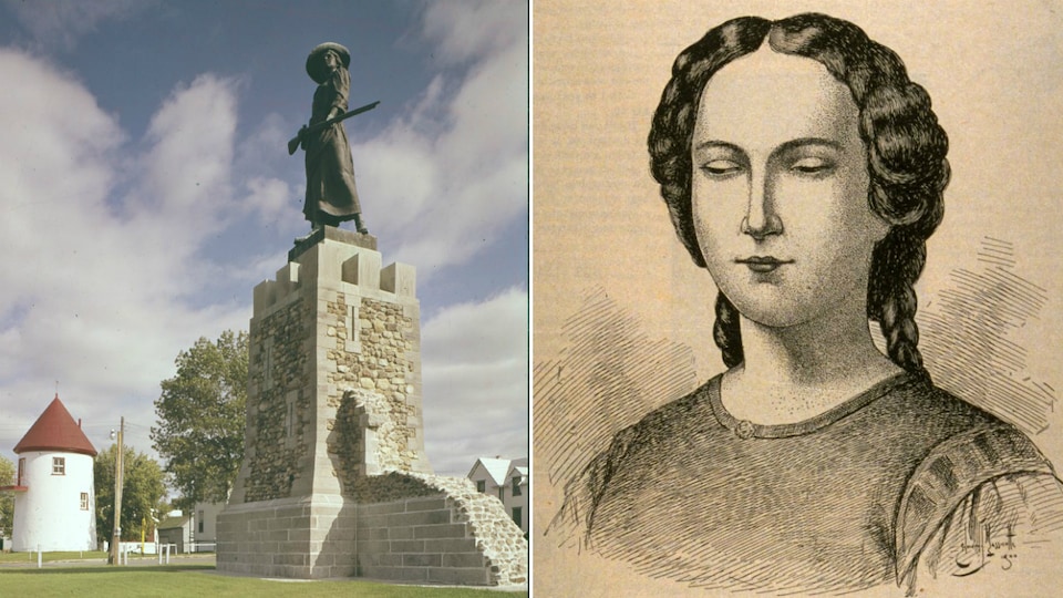 Une statue représentant Madeleine de Verchères et le détail d'un dessin réalisé par Edmond-Joseph Massicotte