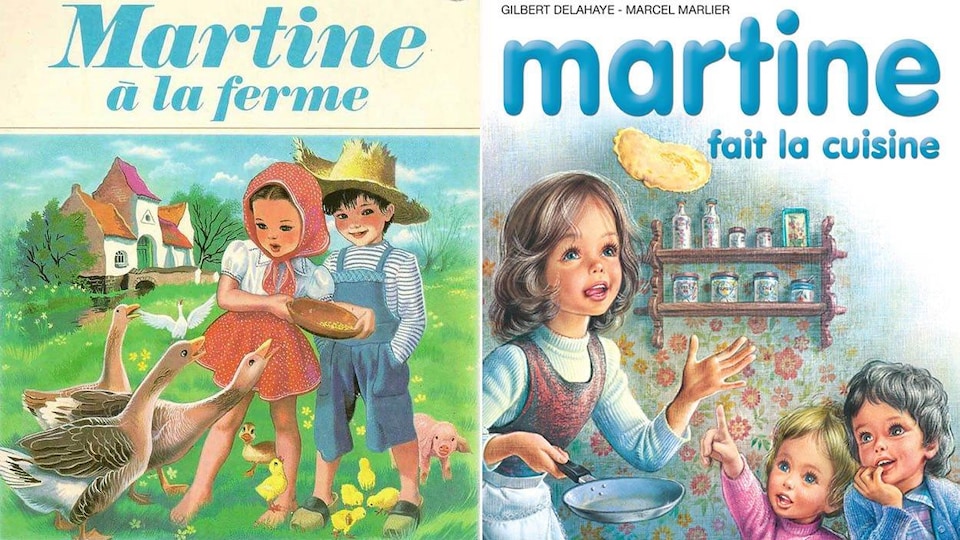 La couverture du livre Martine à la ferme et celle de Martine fait la cuisine.