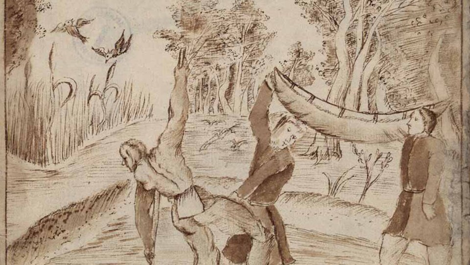 Des colons français embarquent dans un canot en compagnie d'Autochtones sur cette gravure datée entre 1667 et 1686.