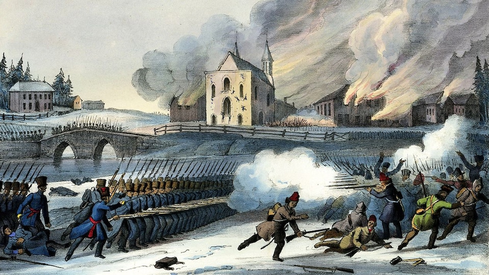 L'armée britannique affronte les patriotes à Saint-Eustache, en 1837.