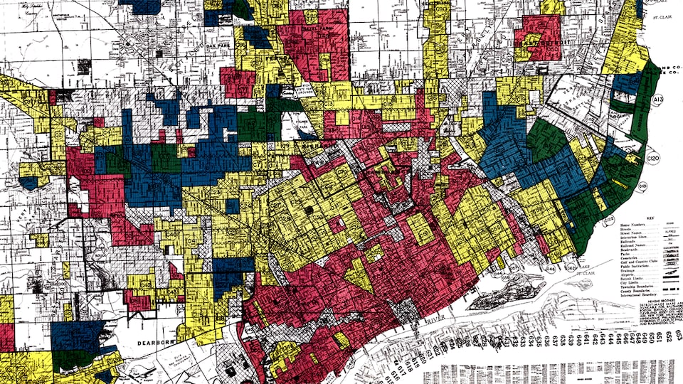 Carte d'époque de la ville de Détroit, divisée selon un code de couleurs ségrégationniste.