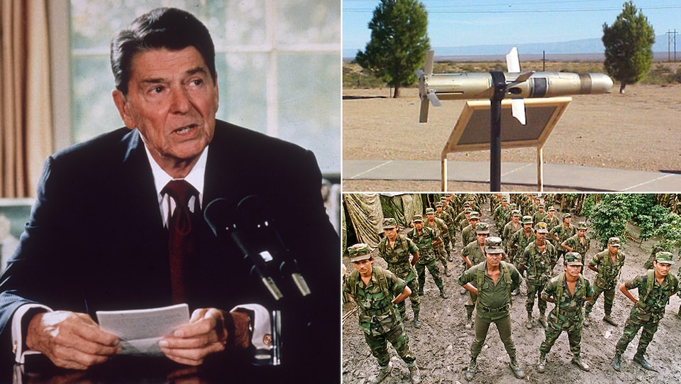 Ce montage d'image montre le président Ronald Reagan en 1985, un missile TOW et des soldats du mouvement contra au Nicaragua dans les années 1980.
