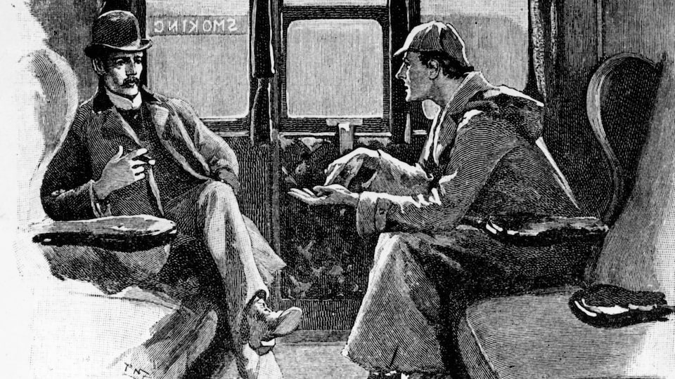 Dans une illustration, Sherlock Holmes et le Dr Watson se parlent face à face dans un wagon de train.