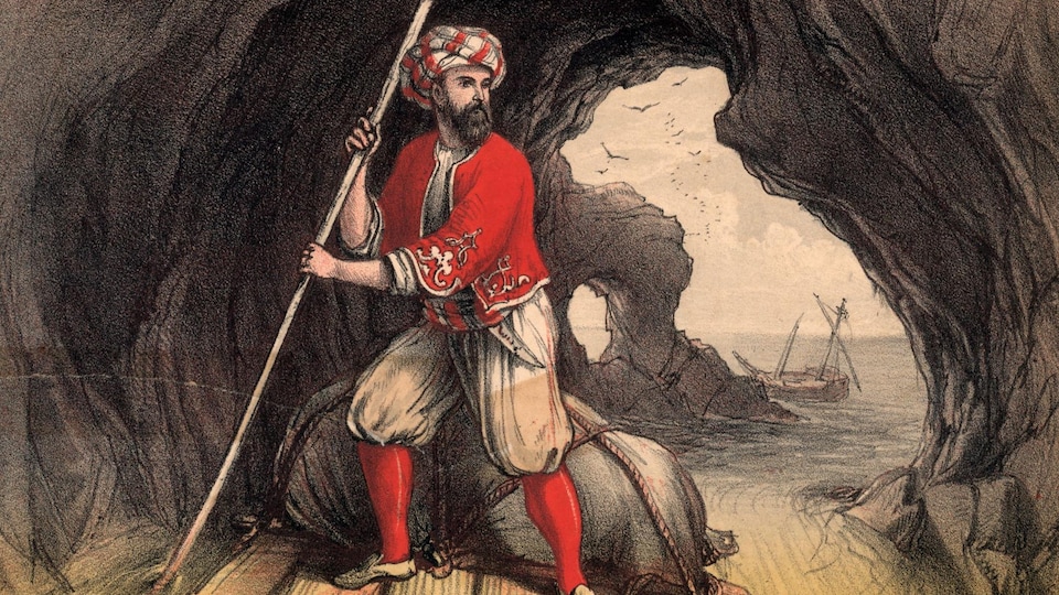 Dessin d'un homme en costume traditionnel indien sur un radeau.