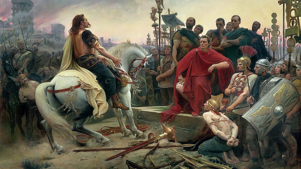Vercingétorix jette ses armes aux pieds de Jules César dans un tableau de Lionel Royer.