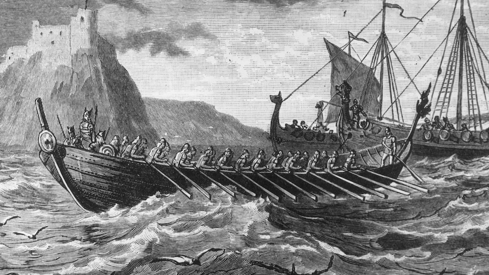Trois navires vikings et leur équipage.