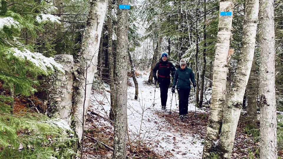 Un homme et une femme avancent dans un sentier peu enneigé.
