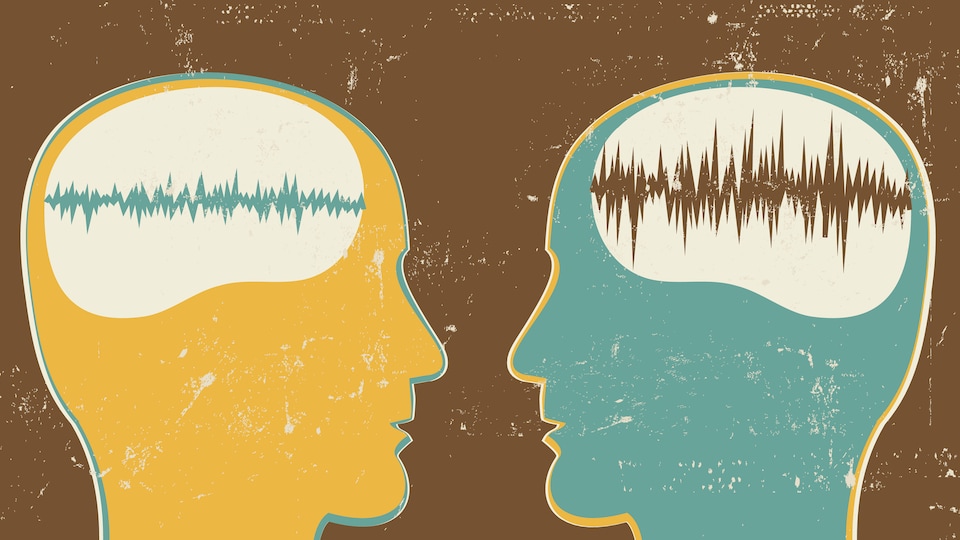 Deux silhouettes qui se parlent avec une illustration d'ondes dans leur cerveau