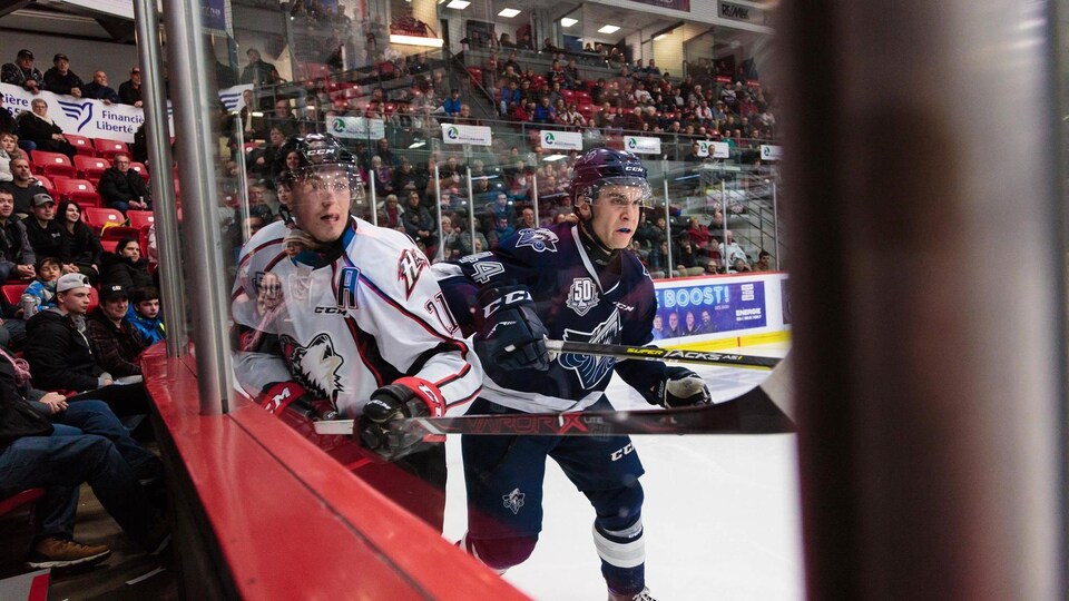 Deux joueurs de hockey le long de la baie vitrée lors d'un match.