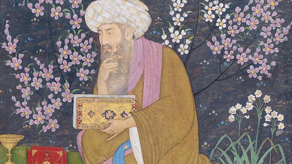 Fragment de folio d'album avec érudit dans un jardin. Attribué à Muhammad Ali 1610-15