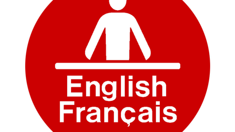 Icône d'une personne derrière un comptoir avec les mots : English, Français
