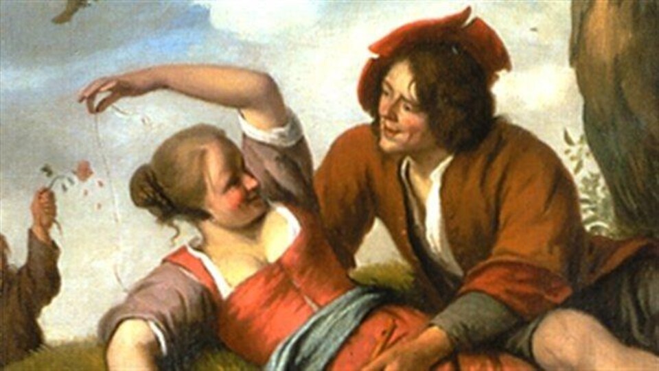 Un homme agrippe une femme sur un peinture à l'époque de la Nouvelle-France.
