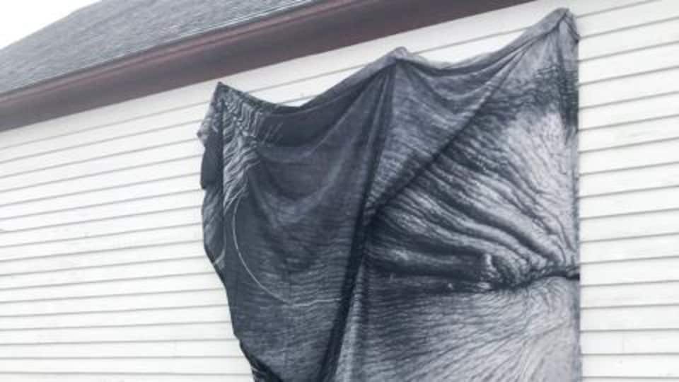 Photo d'une installation sur laquelle on voit un bout de visage sur un textile accroché à un mur en plein air.