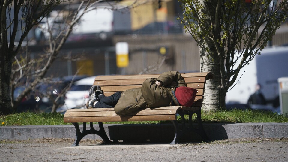Un homme dormant sur un banc, au soleil, avec un manteau et un capuchon.