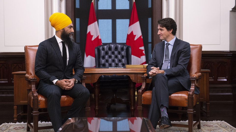 NDP leader Jagmate Singh is heading towards Prime Minister Justin Trudeau.  On Thursday, November 14, 2019, two men are sitting in chairs during a meeting at an office in Parliament Hill, Ottawa. 