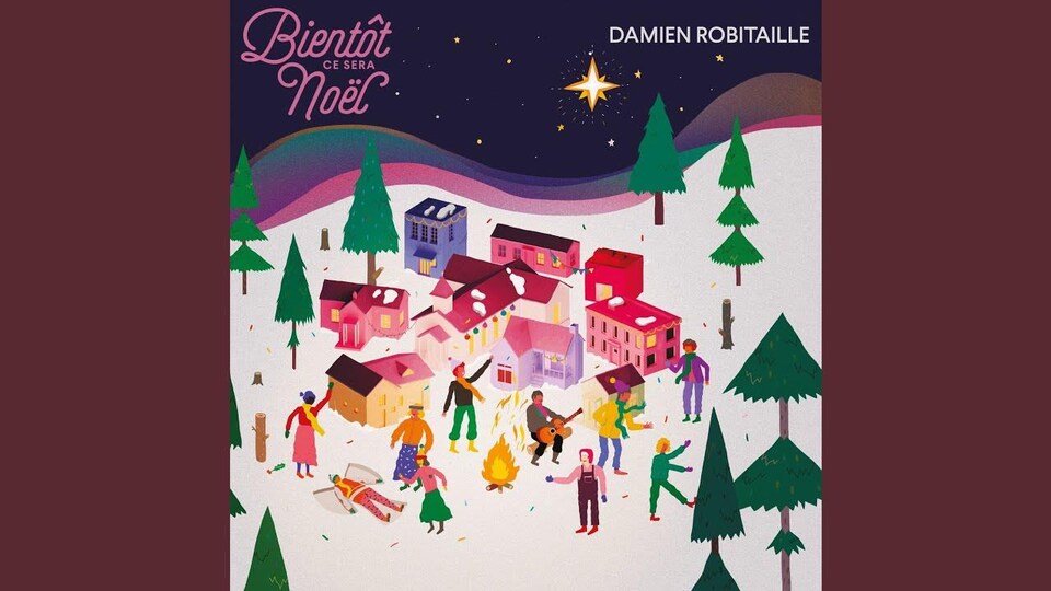 La couverture de l'album a une illustration d'une fête dans un village de Noël