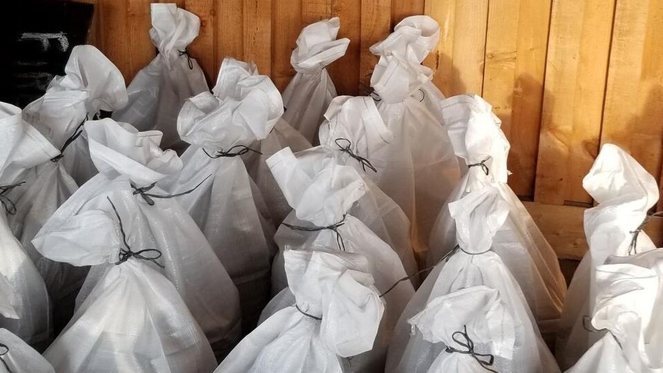 Une vingtaine de sacs remplis de compost de poisson.